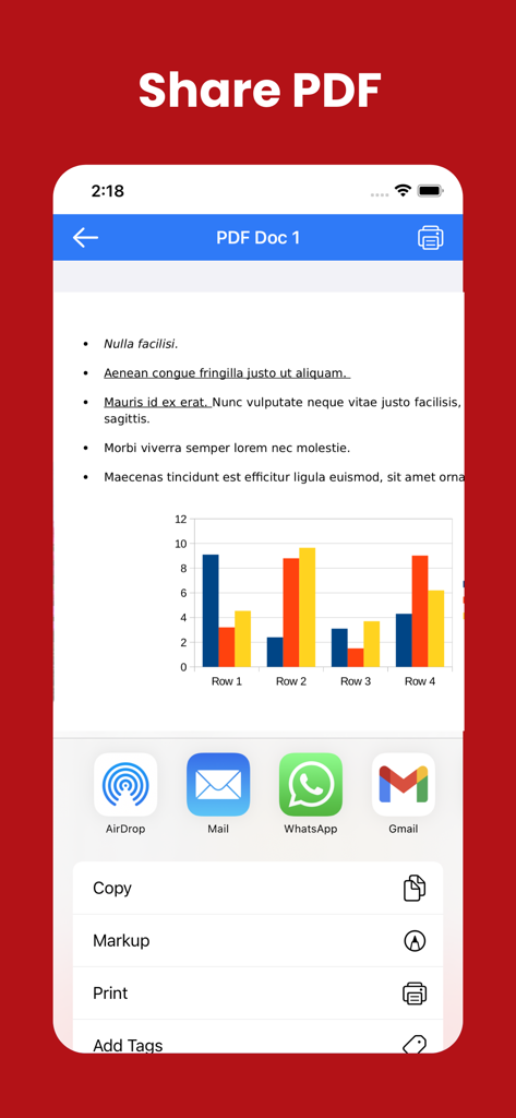PDF Merge - Combine & Join PDF - Mobile app interface for sharing a PDF document with various options including AirDrop, Mail, WhatsApp, and Gmail.