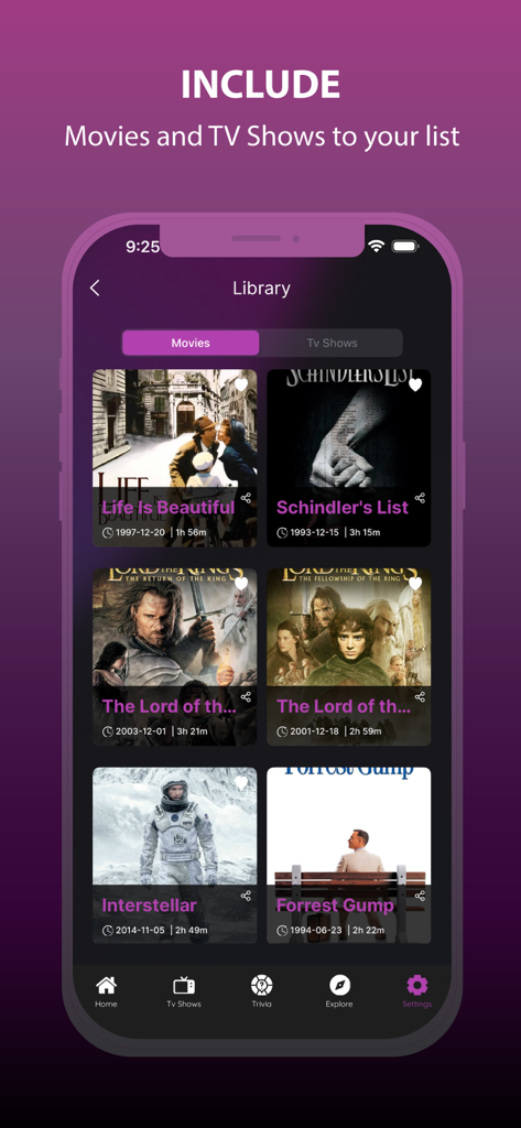 개봉 날짜가 있는 Interstellar 및 Forrest Gump와 같은 영화 목록을 보여주는 Cinema HD 앱 라이브러리 인터페이스의 스크린샷