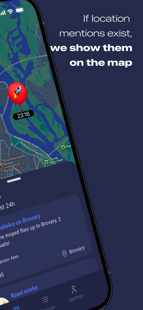 Map Alerts – Live Map Radar - Pantalla de smartphone mostrando un mapa con un pin de cohete rojo y una superposición de texto que dice que si se mencionan ubicaciones, se muestran en el mapa