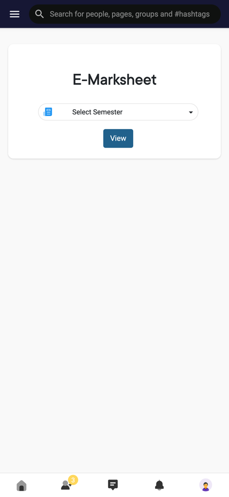 AdtU A Connect - E-Marksheet-Bildschirm in der AdtU A Connect App, der ein Dropdown-Menü zur Auswahl des Semesters und eine Ansicht-Schaltfläche zeigt.