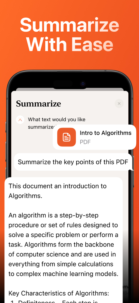 Gauss AI app interface summarizing a PDF document about algorithms
