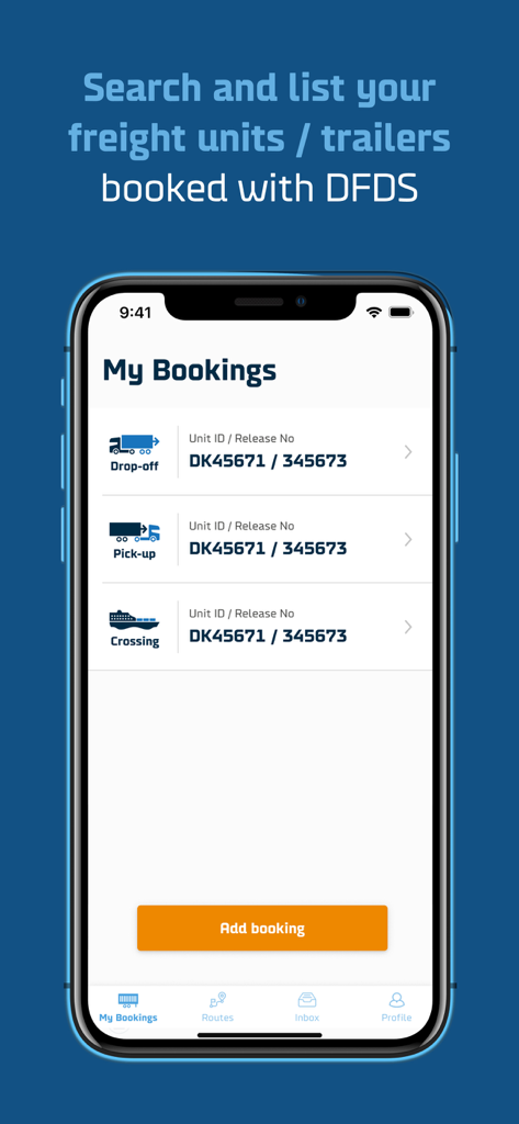 DFDSアプリの貨物ユニット予約リスト画面。ドロップオフ、ピックアップ、および横断を示しています。