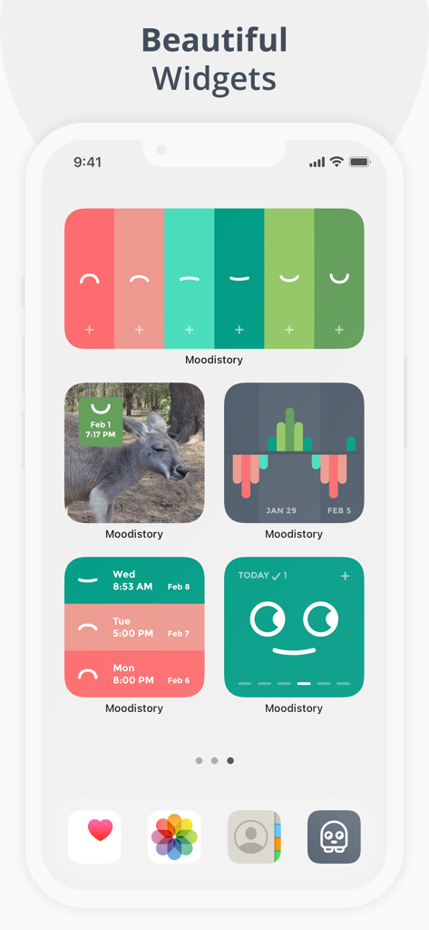 Emotion Tracker: Moodistory - Five Moodistory app widgets on an iPhone home screen showing mood trends, a mood entry with a photo, and quick entry options.