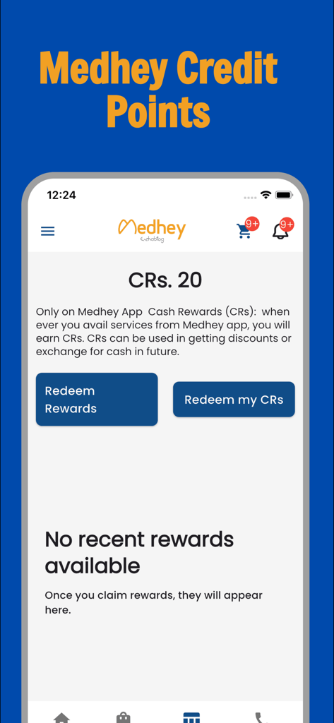 Medhey - Medhey app interface showing credit points balance and options to redeem cash rewards