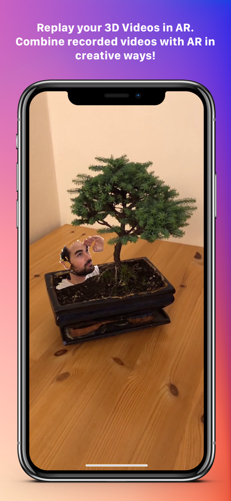 Record3D — 3D Videos - Un video 3D de la cabeza de una persona integrado en un árbol bonsái del mundo real usando realidad aumentada