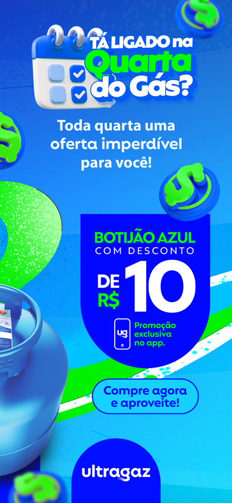 Ultragaz: Peça botijão - Ultragaz app promotional screen for Gas Wednesday showing a 10 BRL discount on gas cylinders