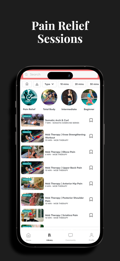 ZGYM - ZGYM app interface displaying a list of mobility therapy and pain relief video sessions for different body parts
