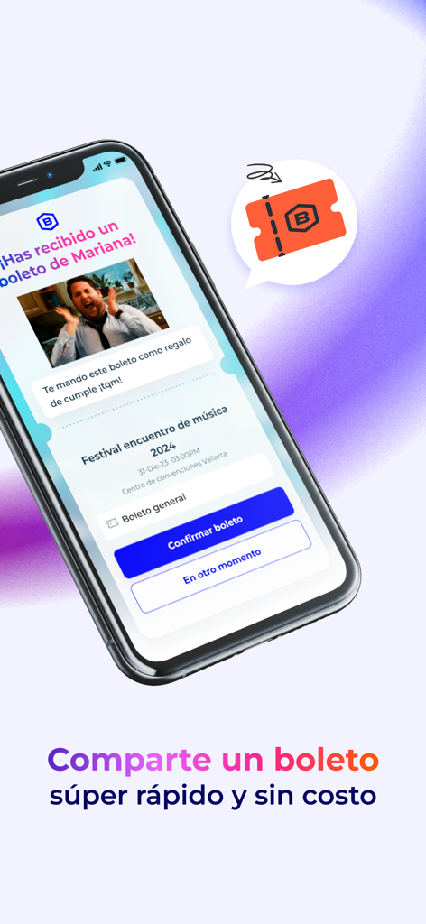 Boletia: Boletos para eventos - Schermata dello smartphone che mostra l'interfaccia dell'app Boletia in cui un utente ha ricevuto un biglietto digitale per un festival musicale come regalo da un amico con un pulsante di conferma del biglietto.