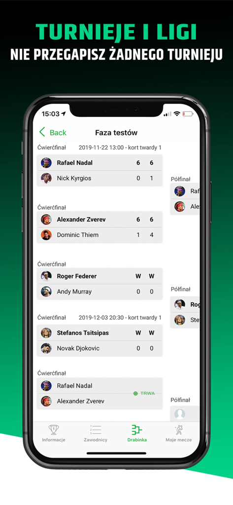 Interface of the tenis4U app displaying a tennis tournament bracket with player scores