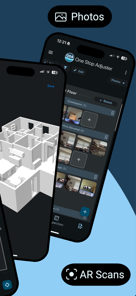 One Stop Adjuster app interface showing AR 3D room scans and inspection photo documentation