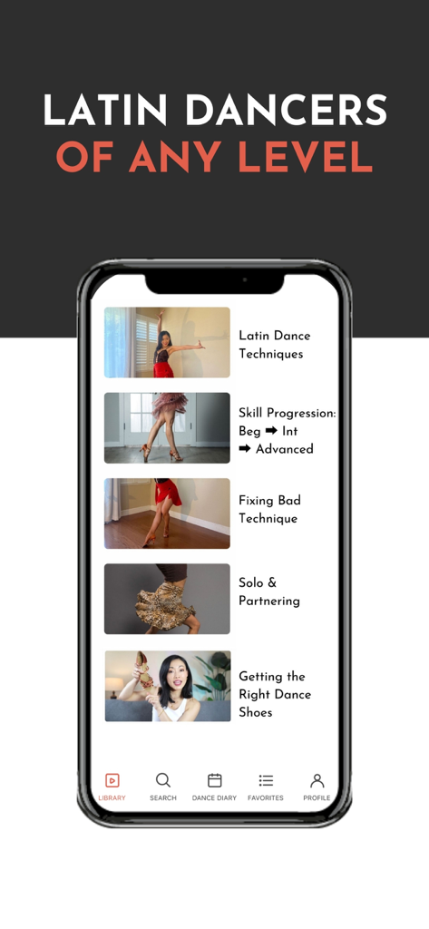 Hips+Heels: Latin Dance Basics - Hips and Heels app showing Latin dance levels and training categories