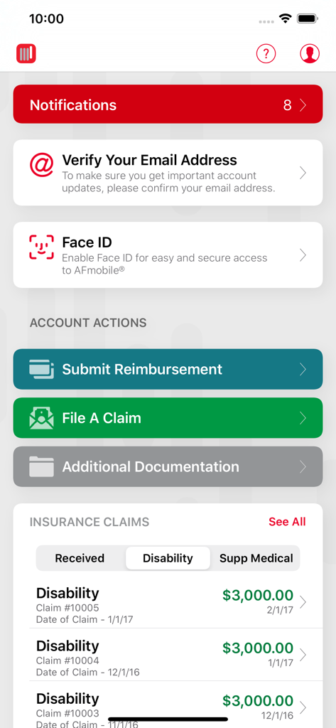 AFmobile app dashboard showing account actions for filing insurance claims and a summary of recent disability claims.