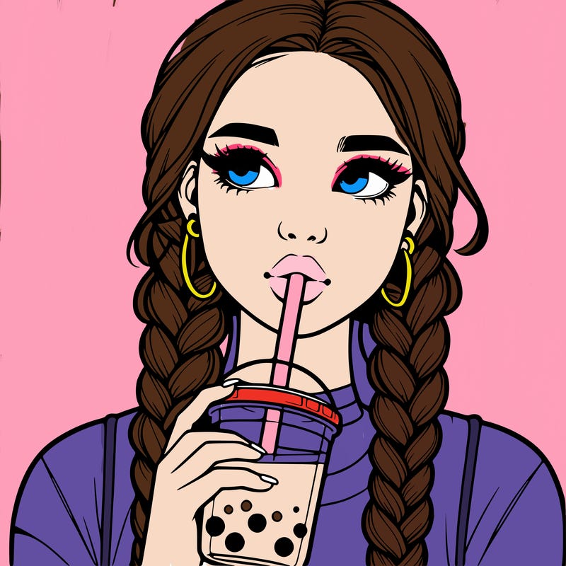 realistic girl with braided hair drinking boba