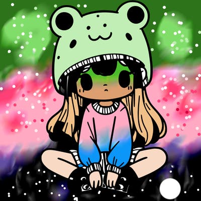 a girl wearing a frog hat and some frog socks