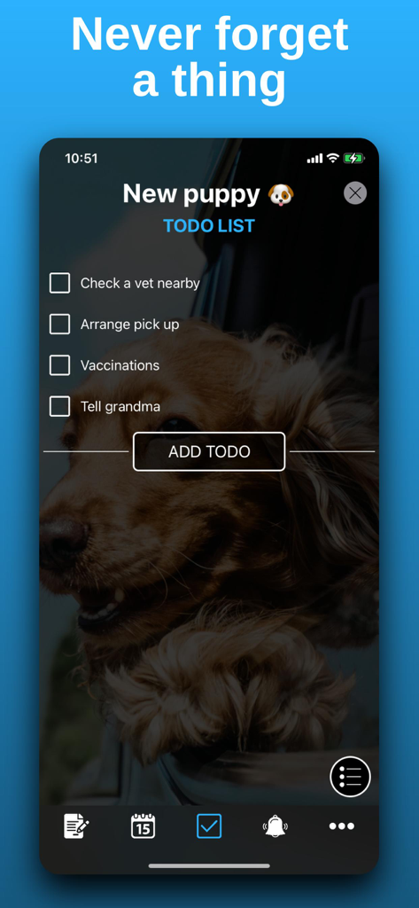 A todo list for a new puppy event showing tasks like vaccinations and vet checks on a dog themed background