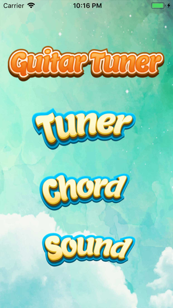 Perfect Guitar Tuner & Chords - Pantalla del menú principal de la aplicación Afinador de Guitarra que muestra botones para Afinador, Acorde y Sonido sobre un fondo de cielo azul verdoso.