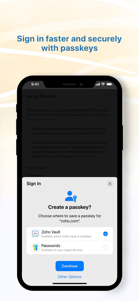 Zoho Vault - Password Manager - A mobile interface for creating a secure passkey in Zoho Vault for faster sign in.