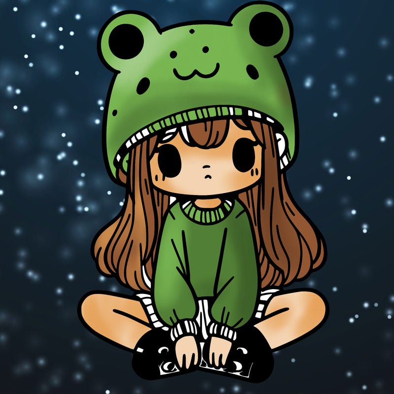 a girl wearing a frog hat and some frog socks