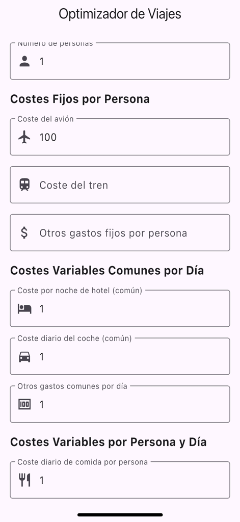 Optimiza tu Viaje - Interface de um aplicativo de orçamento de viagem com campos de entrada para custos fixos e variáveis da viagem