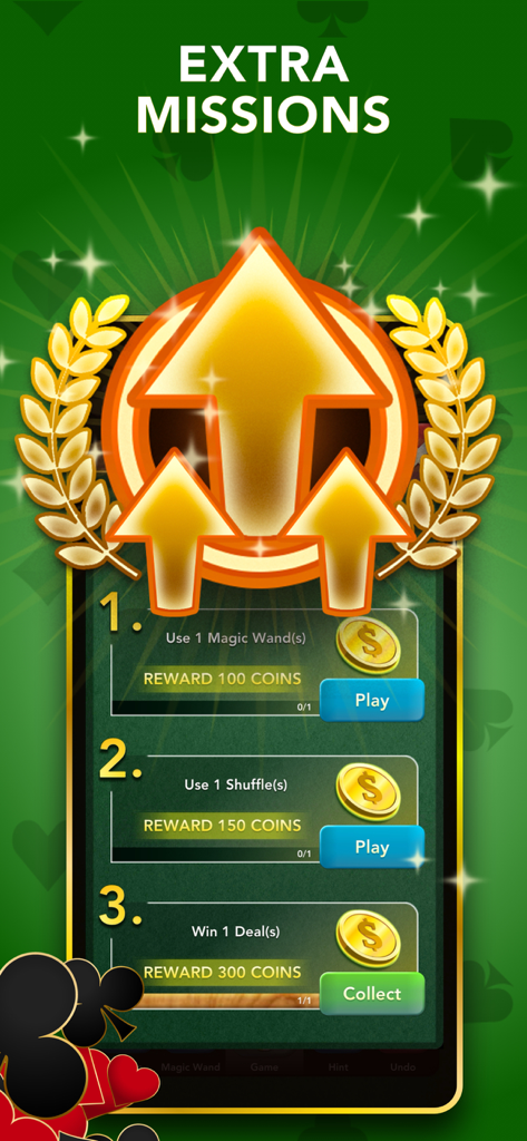 Solitaire Classic Card Game. - Pantalla de misiones extra de Solitario Clásico que muestra desafíos diarios y recompensas de monedas