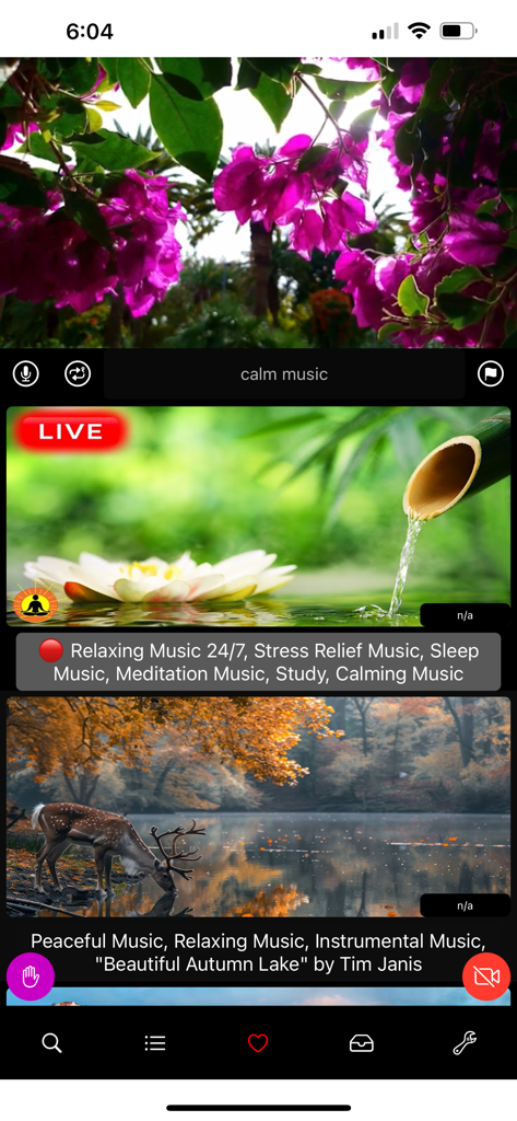 BluePlayer app interface displaying search results for calm music and relaxing videos