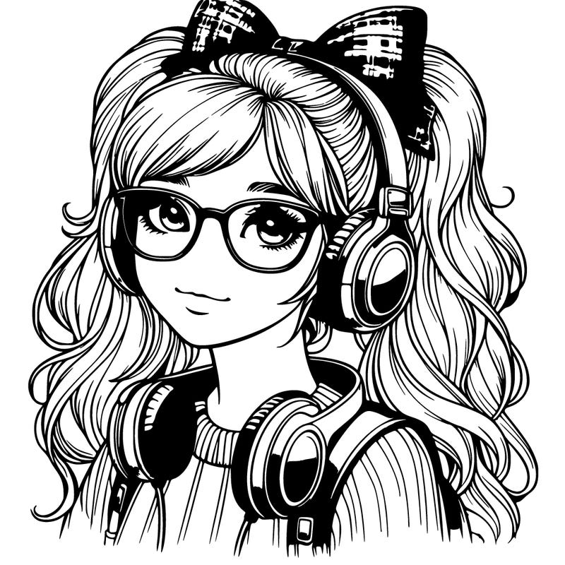 realistic girl with ponytail headphones glasses and a bow in her hair