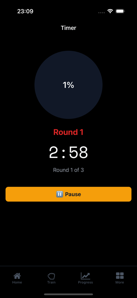OctaCoach - Pantalla del temporizador de asalto de la aplicación OctaCoach que muestra una cuenta regresiva de tres minutos para el primer asalto de entrenamiento