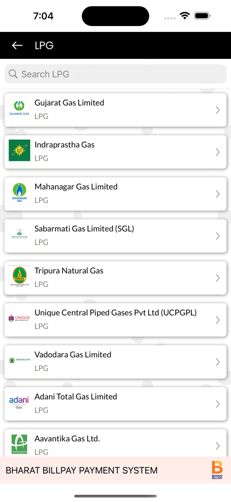 Lista de proveedores de gas GLP en la aplicación SDPay para pagos de facturas de servicios públicos