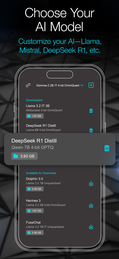 Local LLM: Private Secure Chat - Interface de l'application LLM Local montrant une liste de modèles IA à télécharger