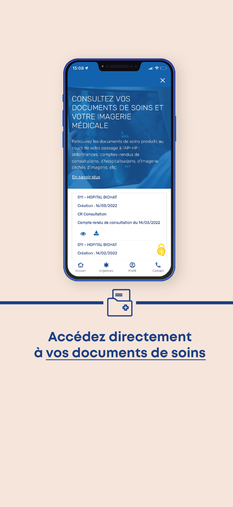 Interface of the Mon AP-HP app showing a list of medical documents and imaging reports for a patient