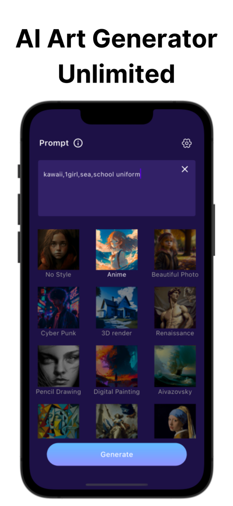 Interfaz móvil de la aplicación AI Art Generator mostrando la selección de estilo y el campo de entrada de prompts