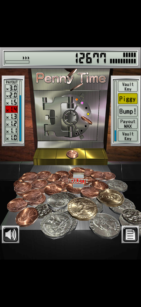A mobile game screenshot of a coin pusher machine featuring US pennies and quarters with a bank vault in the background