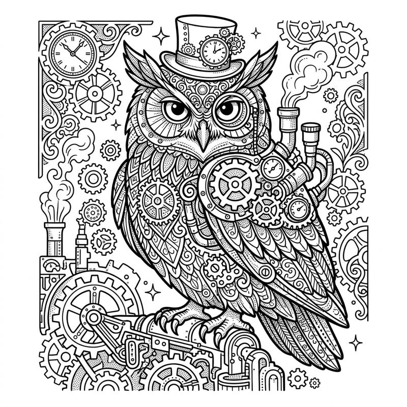 Embark on a captivating coloring journey with this unique Steampunk Owl design, blending intricate dot work with industrial Victorian fantasy. Discover gears, pipes, and a wise gaze, all waiting for your artistic touch to bring them to life.