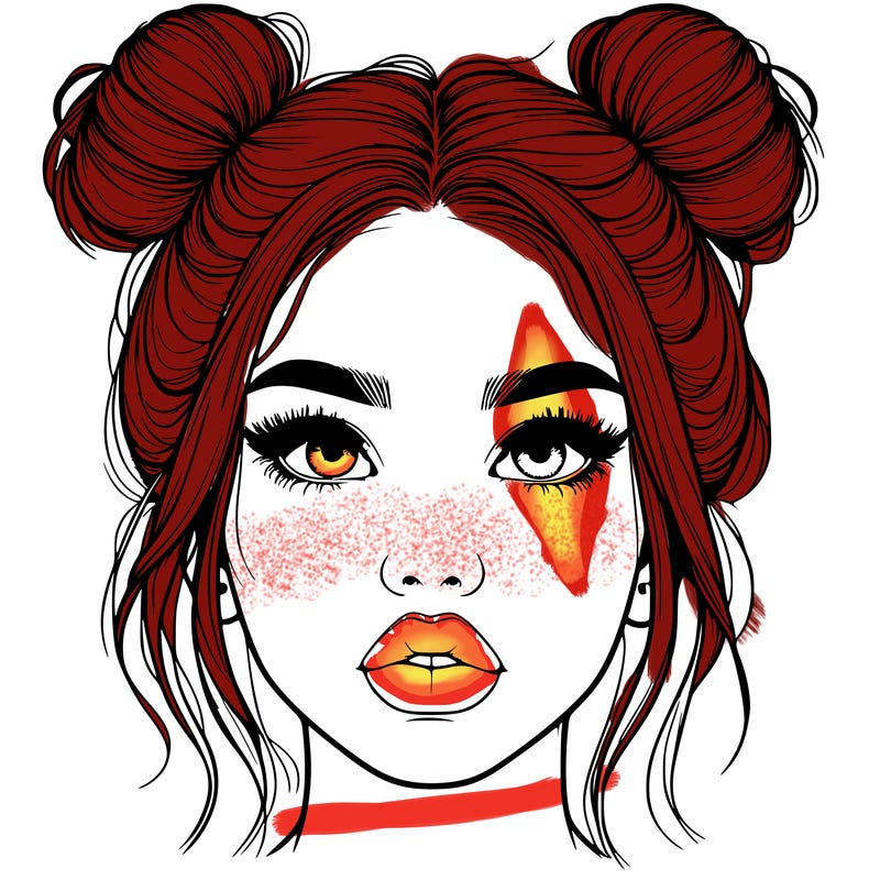 realistic girl with two buns on her hair and lips