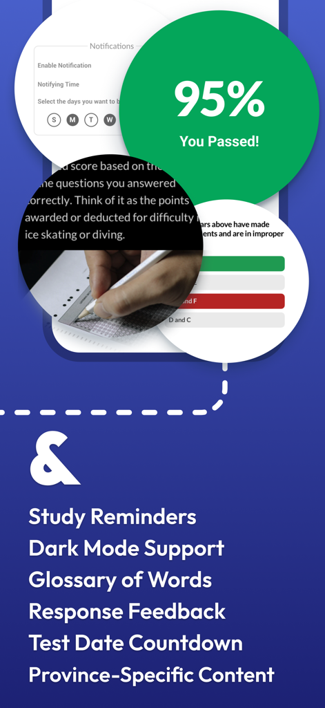 A promotional screen for the Life in the UK Test 2026 app displaying a passing test score and a list of key features like study reminders and dark mode