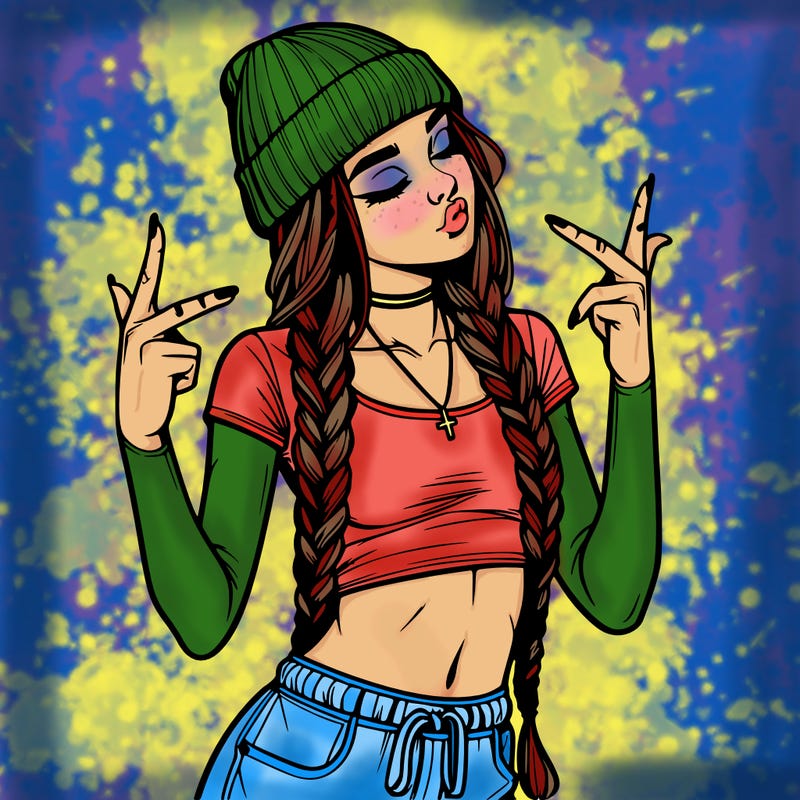 realistic teenage girl with braids and a beanie and crop top doing 🫶🏼