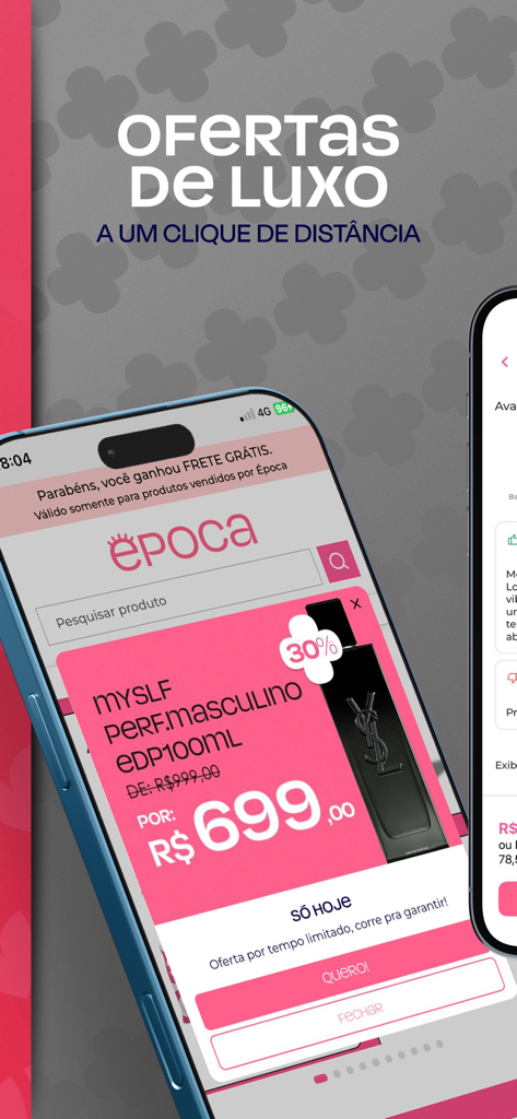 Época Cosméticos & Perfumaria - Mobile app screen showing a 30 percent discount on a luxury perfume with a free shipping banner.