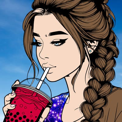 realistic girl drinking boba tea with braided hair