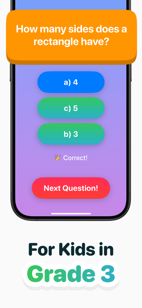 A 3rd grade math game screen showing a geometry quiz question about how many sides a rectangle has.