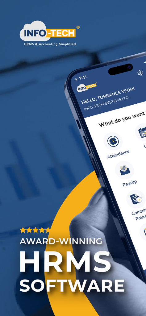 INFOTECH HRMS mobile app dashboard showing attendance and payslip features