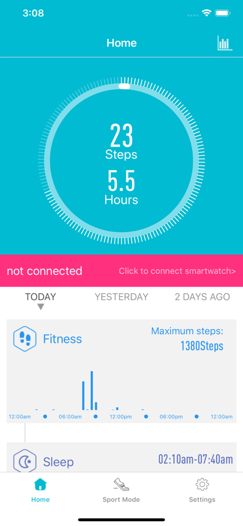 Écran d'accueil de l'application H Band affichant les pas quotidiens et les mesures de durée du sommeil