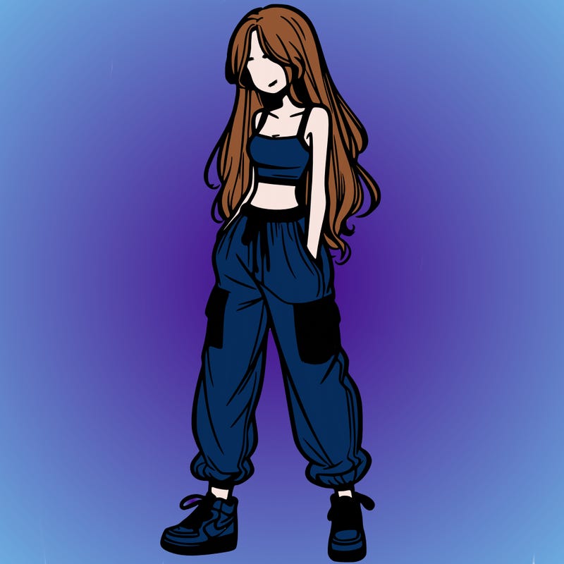 girl in baggy pants crop top and long hair