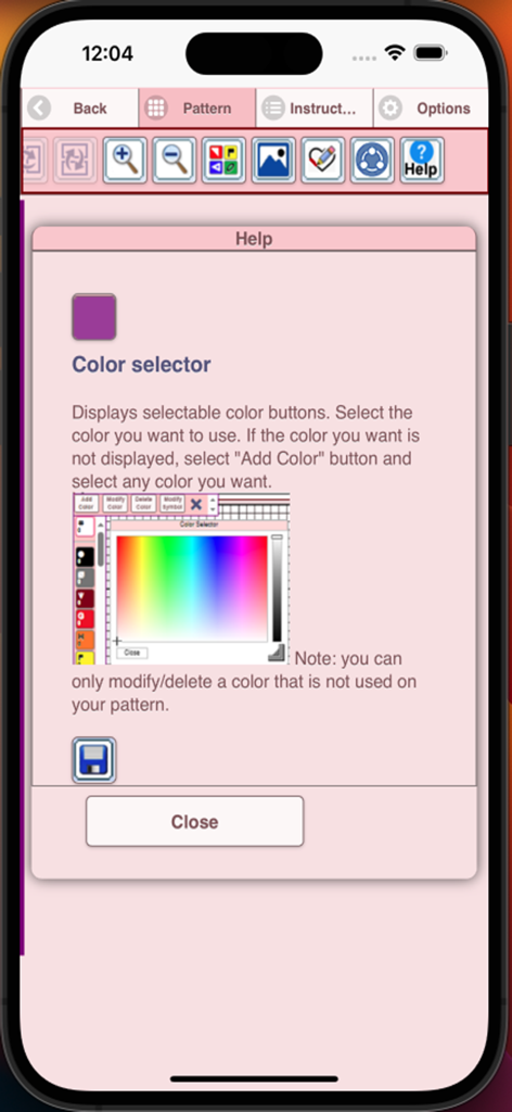 BeadPatternCreator - Help screen within the BeadPatternCreator app explaining the color selector tool.