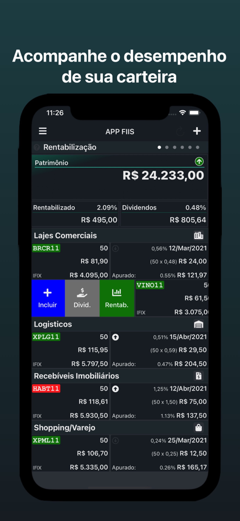 App FIIS Dashboard zeigt die Leistung des Immobilieninvestmentportfolios und monatliche Dividenden
