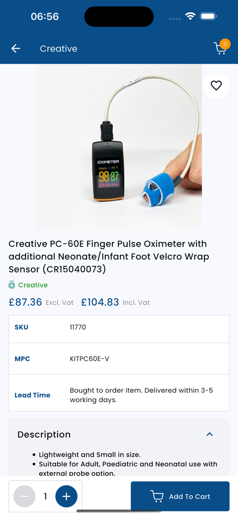 AHP Medicals - Product listing of a Creative PC-60E Finger Pulse Oximeter on the AHP Medicals mobile app screen