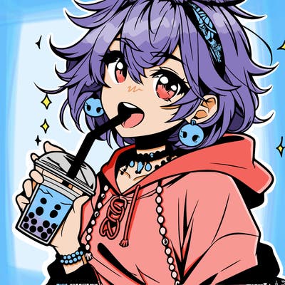 hot baddie anime girl drinking boba and biting the straw