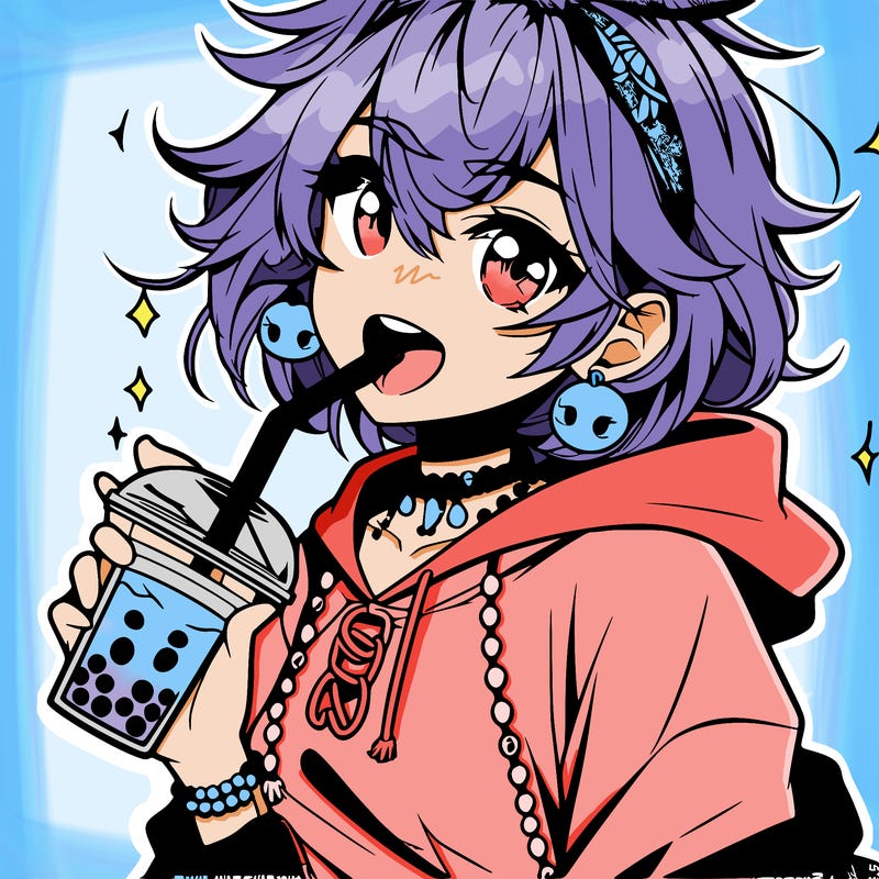 hot baddie anime girl drinking boba and biting the straw