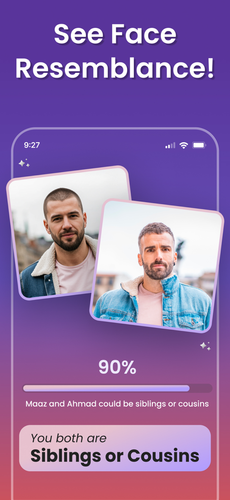 Beauty Scanner: Face Analysis - AI facial resemblance test showing two men with a ninety percent similarity score as potential siblings or cousins