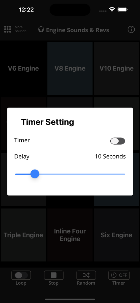 Engine Sounds & Revs - Timer setting popup in the Engine Sounds and Revs app with a slider to adjust sound delay