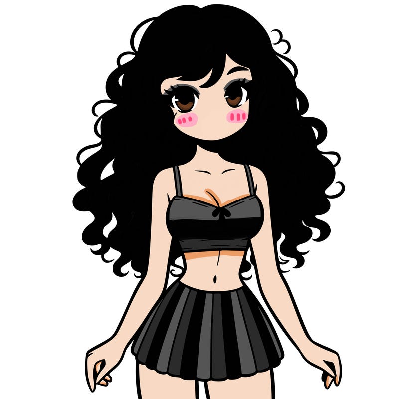 crop top girl with very short skirt and curly long hair